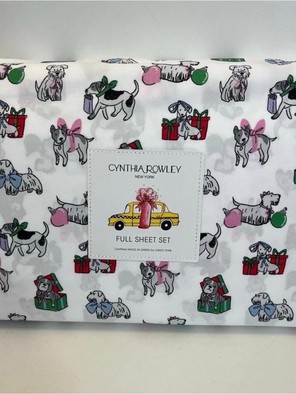 Cynthia Rowley Puppy Cheer Full Size Sheet Set Presents Bows Ornaments Gifts